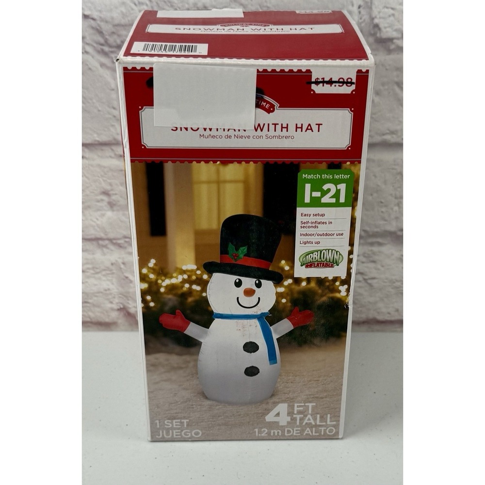 Holiday Time 4' Airblown Inflatable Snowman Hat Christmas Airblown Lights Up